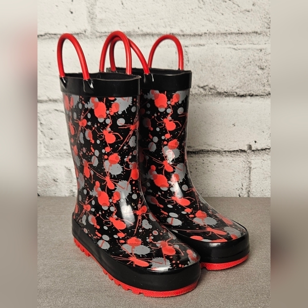 Spider Toddler Girls Rain Boots Black Red Splatter Pull On Size 8